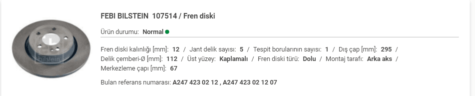 M.BENZ W177-247 C118 CLA ARKA DİSK (ADET) A2474230212 - Yedek Parça