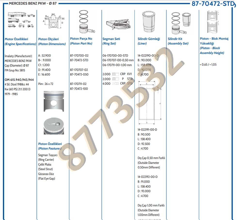 M.BENZ M615 200D SESSİZ   88,00mm  PİSTON - Yedek Parça
