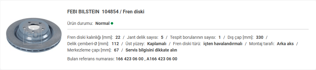 M.BENZ W166 GLE ARKA DİSK (ADET) A1664230600 - Yedek Parça