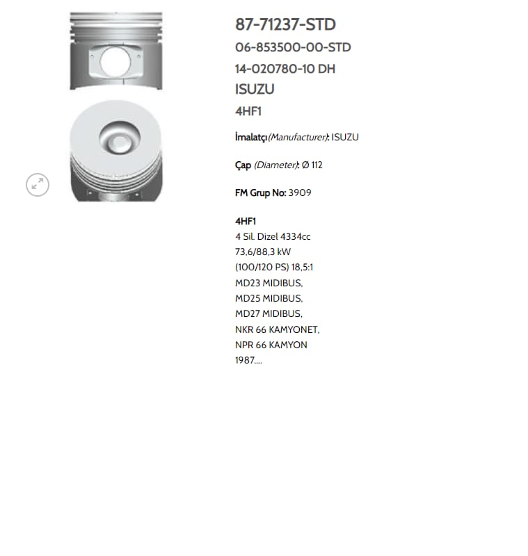 ISUZU PİSTON CHAMPİON 4HF1 NPR 66 112 MM SEGMANSIZ - Yedek Parça