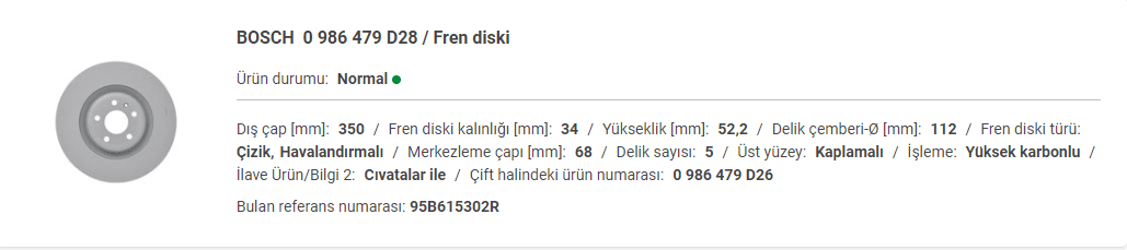 PORSCHE MACAN 2014- FREN DİSKİ ÖN SAĞ -YÜKSEK KARBON ALAŞIMLI 95B615302R - Yedek Parça