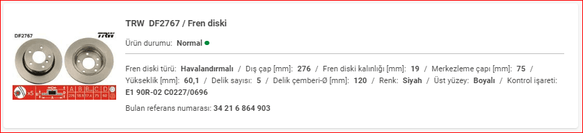 BMW E36-E46 ARKA  FREN DİSKİ HAVALI TAKIM 34216864903 - Yedek Parça