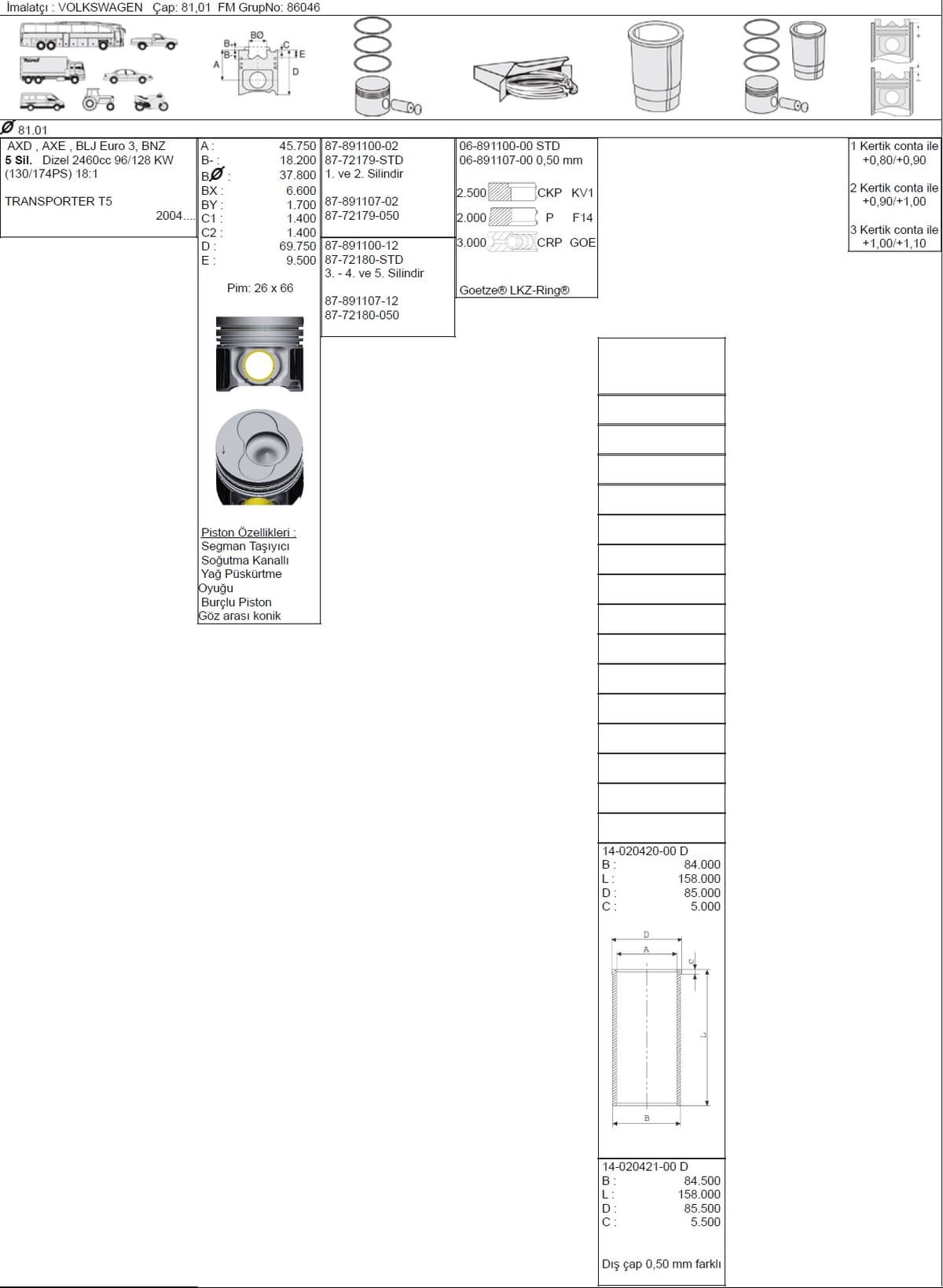 VW T5 2.5 AXD 1,2 81,01 MM PİSTON STD - Yedek Parça