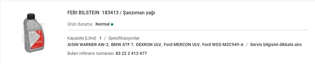 BMW F45-F48 MİNİ F56 OTOMATİK ŞAZNIMAN YAĞI (1LT)&nbsp;83222413477 - Yedek Parça
