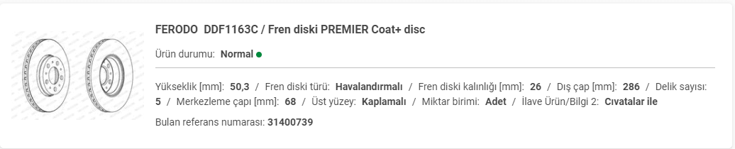 VOLVO S60-S80 ÖN FREN DİSK (TAKIM) 31400739 - Yedek Parça