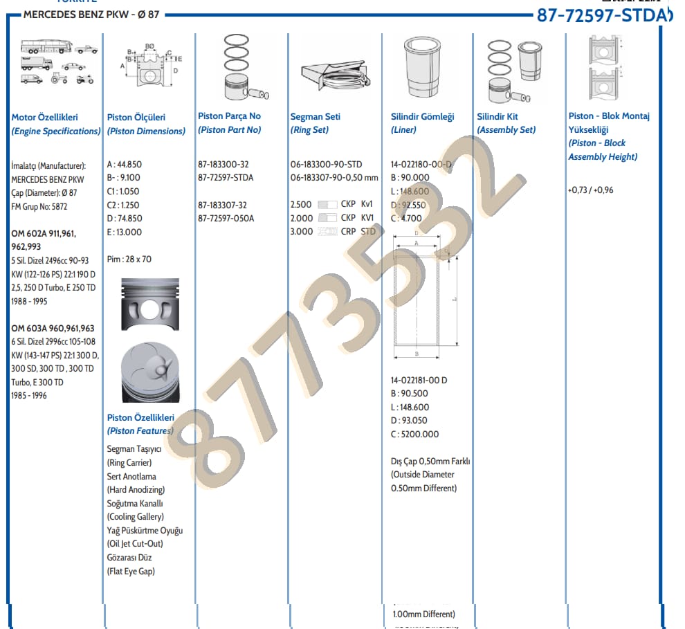 M.BENZ M602-603 Turbo Dizel 87,00mm 28pim  PİSTON 6020300017 - Yedek Parça