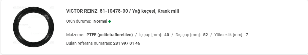 M.BENZ W177-C118 M282 ÖN KRANK KEÇESİ (40x52x7) A2819970146 - Yedek Parça