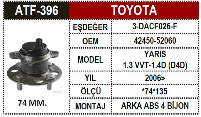 TOYOTA YARIS 2007- ARKA PORYALI ABS.Lİ 74 MM. - Yedek Parça