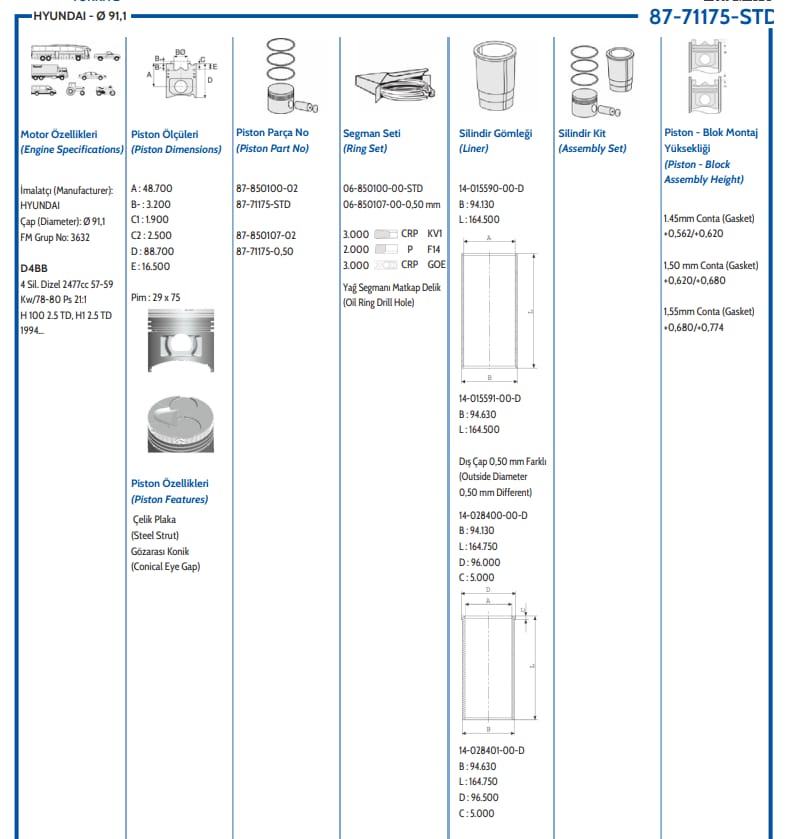 HYUNDAI H100 97>06 MİNİBÜS PİSTON SEGMANLI D4BB  91,10 MM