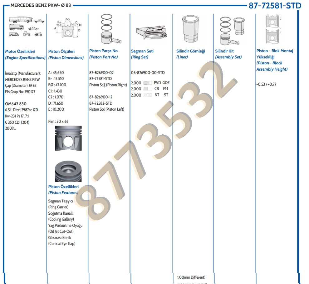 M.BENZ M642  W164-212  83,00mm SAĞ  PİSTON  6420308417 - Yedek Parça