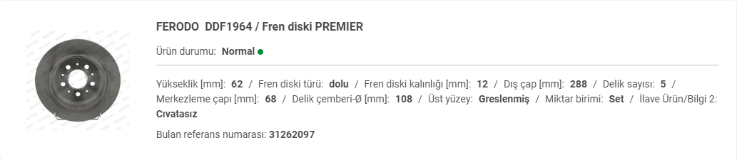 VOLVO S70 ARKA FREN DİSK (TAKIM 288mm) 31262097 - Yedek Parça