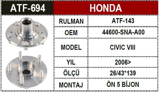 HONDA CIVIC 06-15 43mm ÖN TEKER PORYASI - Yedek Parça