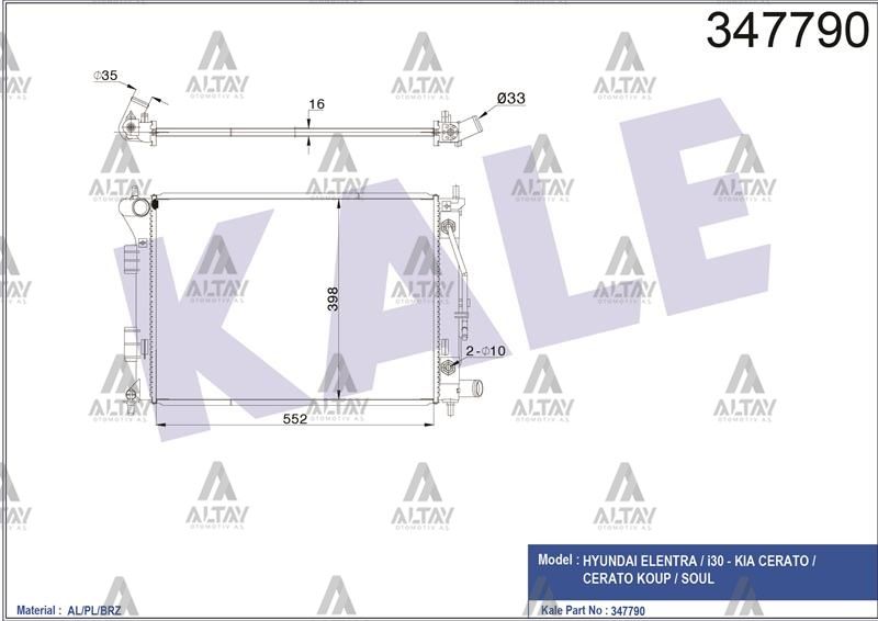 RADYATÖR SU ELANTRA 11-13 / I-30 12-16 / CERATO / SOUL 16mm A-T BRAZING - Yedek Parça