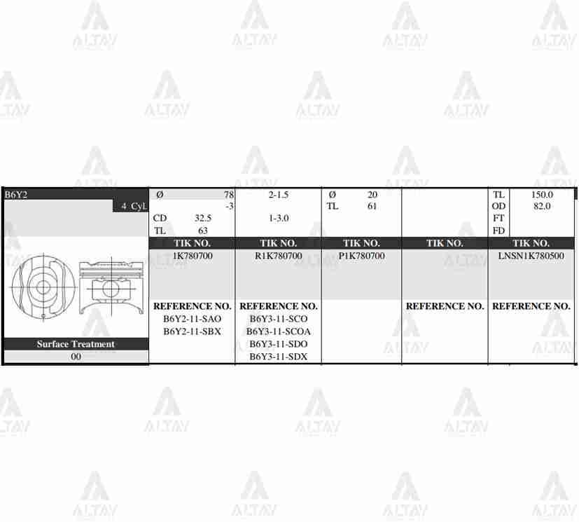 PİSTON TAKIM 323 1.6L /  90-97 / 78.00mm / B6Y2 / STD - Yedek Parça