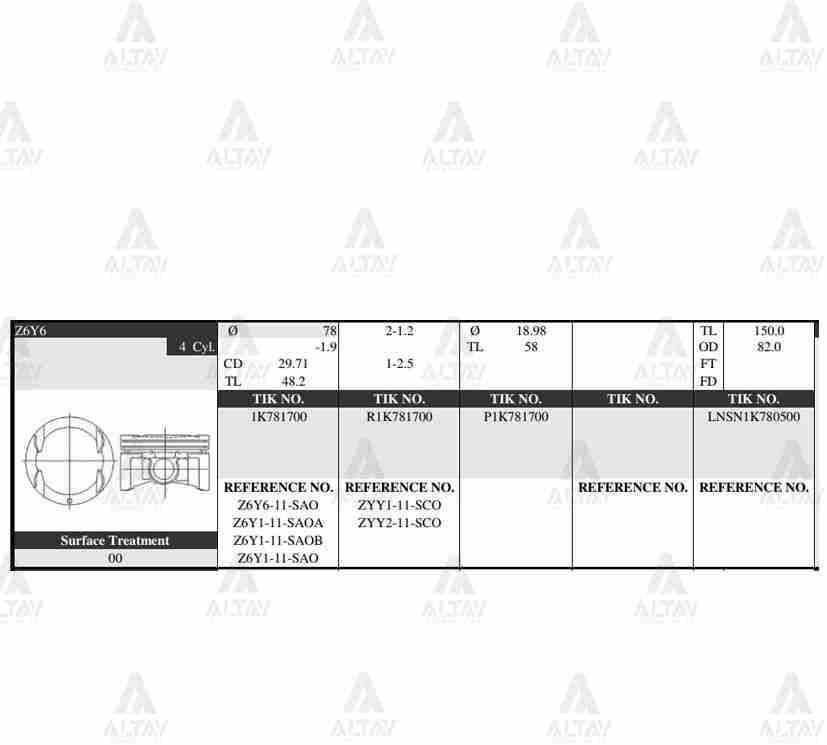 PİSTON TAKIM MAZDA 3 1.6L / 03-09 / 78.50mm / Z6Y6 / 0.50 - Yedek Parça