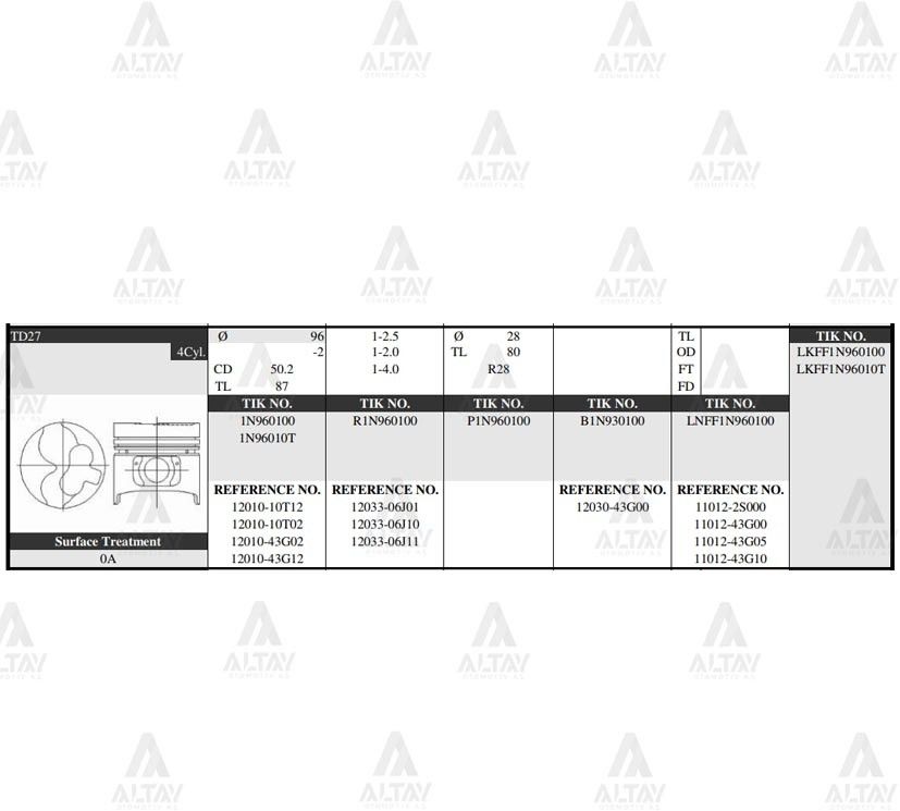PİSTON TAKIM PICKUP 2.7L / 89-97 /  96.00mm / TD27 / STD - Yedek Parça