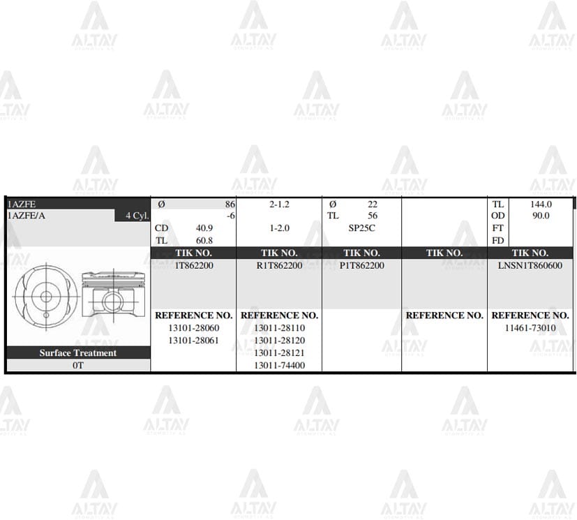PİSTON TAKIM RAV-4 2.0L / AVENSIS 01-03 / 86.50mm / 1AZFSE / 0.50 - Yedek Parça