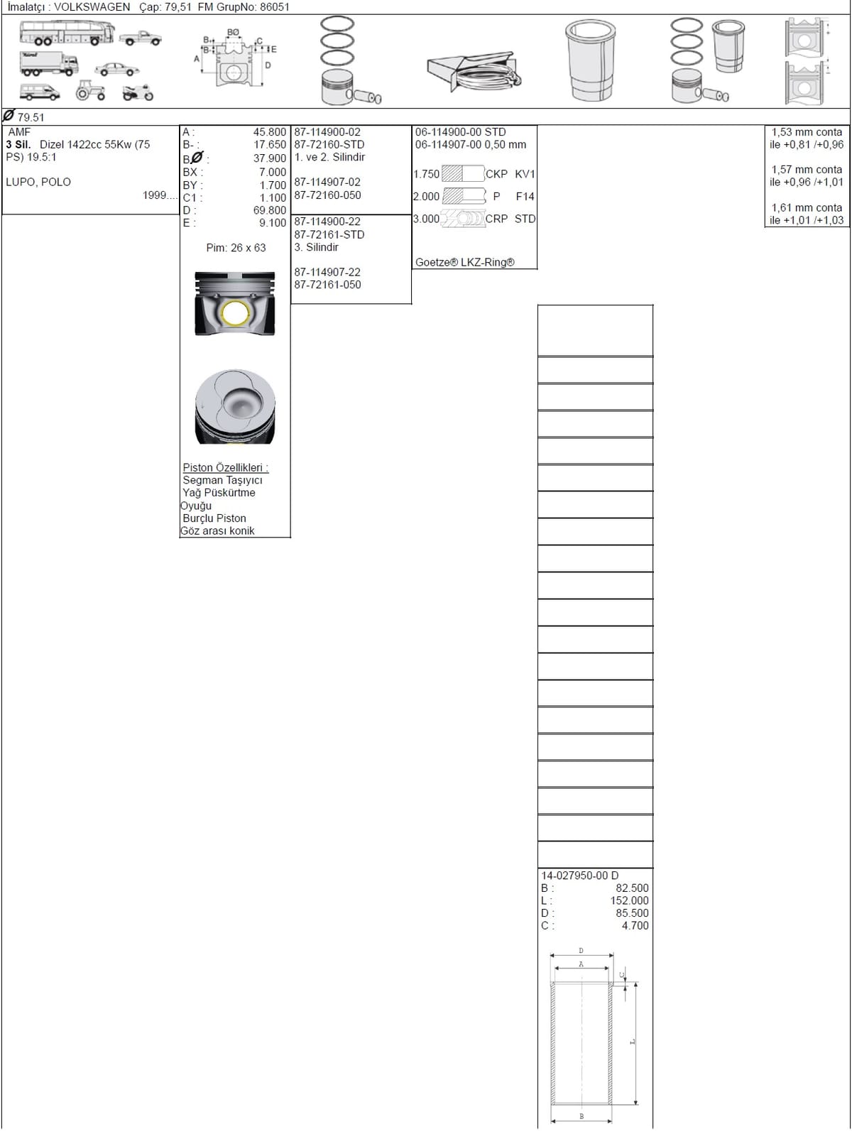 VW POLO 1.4 AMF 79,50mm 3 PİSTON STD - Yedek Parça