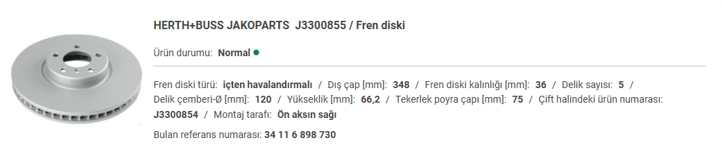 BMW F01-F07-F12 ÖN FREN DİSKİ SAĞ 34116898730 - Yedek Parça