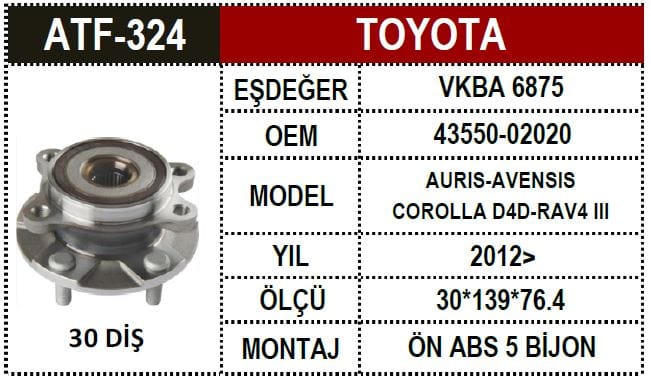 TOYOTA COROLLA AURIS D4D 07>AVENSİS  08>RAV 4 08>ÖN TEKER PORYASI RULMANLI ADT38286 - Yedek Parça