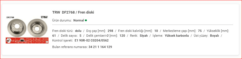 BMW E39 ARKA FREN DİSKİ DOLU TAKIM 34211164129 - Yedek Parça