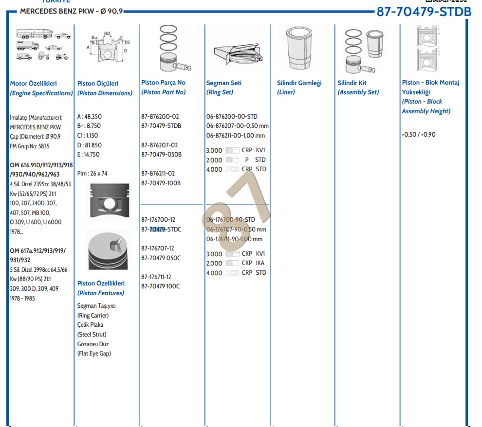 M.BENZ M616-617 240D-300D  SESSİZ TİP  90.90mm PİSTON - Yedek Parça